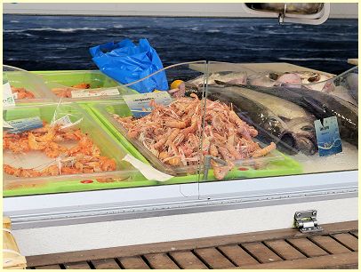 Crevettes, Langoustines, Lieu jaune - Markt in der Bretagne